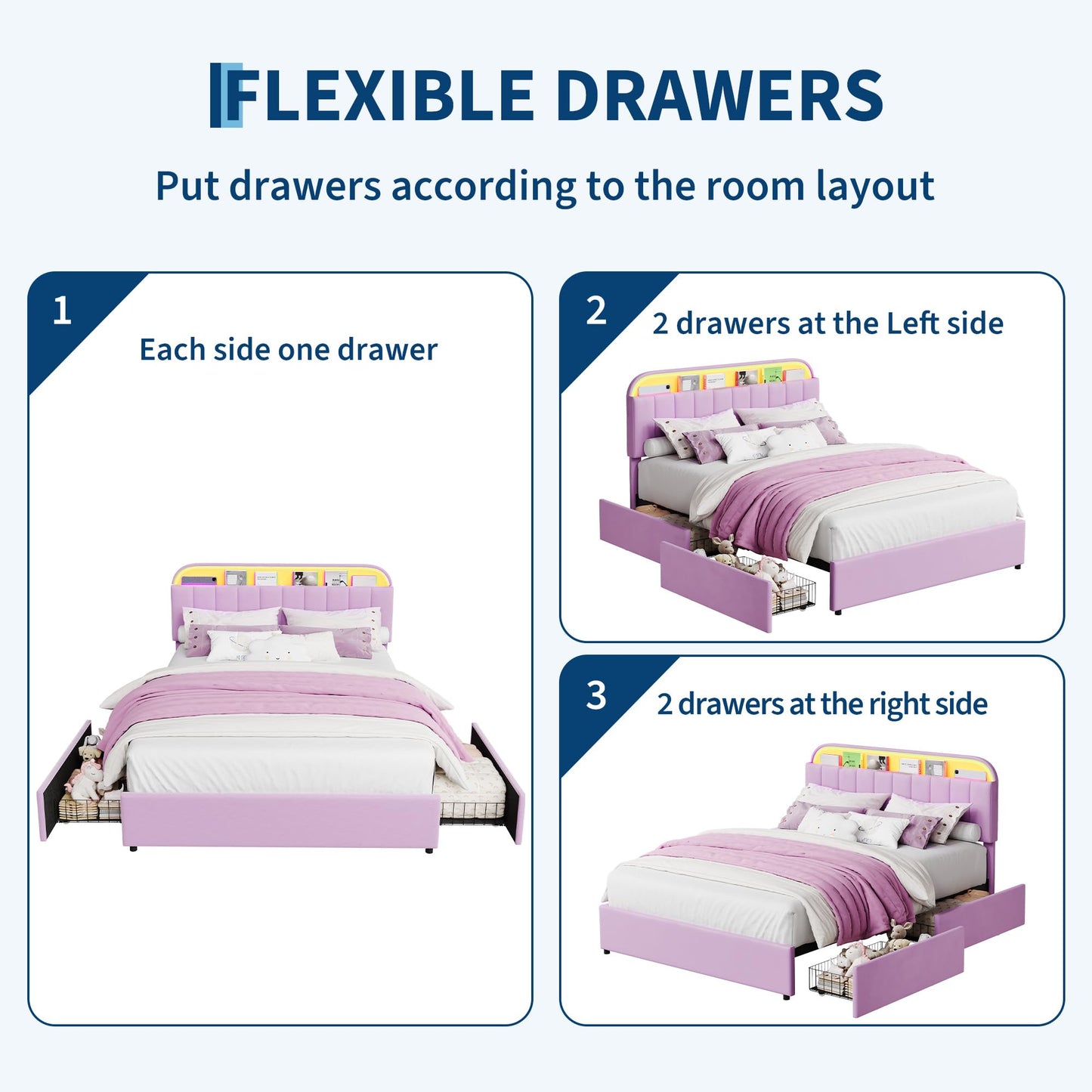 Garvee Full Size Bed Frame with 2 Flexible Drawers, Upholstered Platform Bed Frame with Bookcase Headboard and LED Lights, Kids Bed for Girls, Easy Assembly, Noise Free, Purple