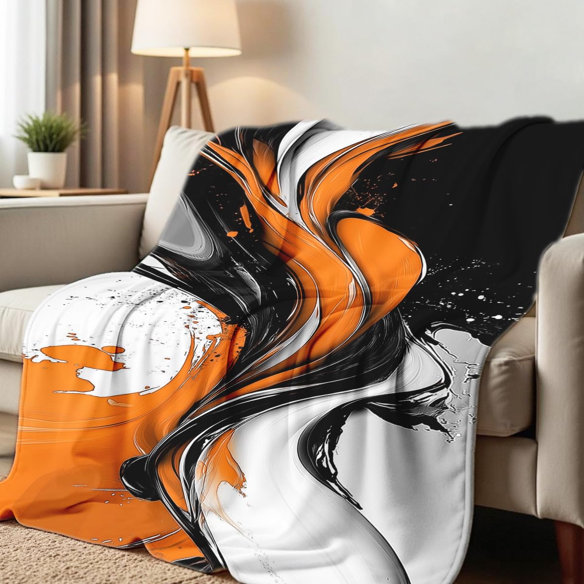 HUNXIAOJ Orange Blanket Throw for Couch Bed Abstract Print Blanket Soft Flannel Bedding Modern Bedroom Home Decor (49"x59")