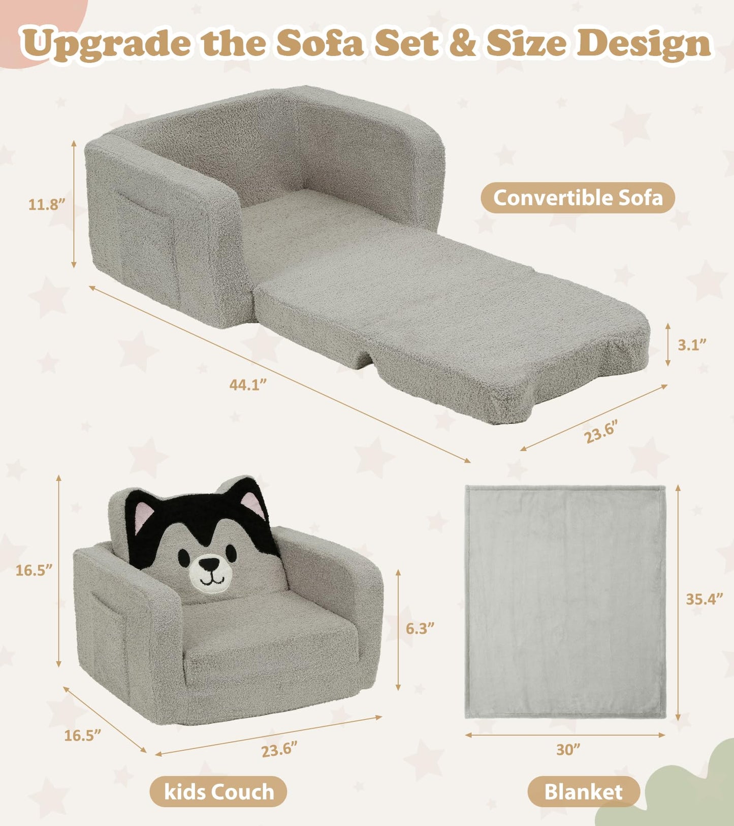 Foryoomi Upgraded Kids Couch, 2-in-1 Soft Top-Flip Fold Out with Blanket, Comfy Convertible Plush Sofa Chair, Great Gifts for Little Ones, Husky