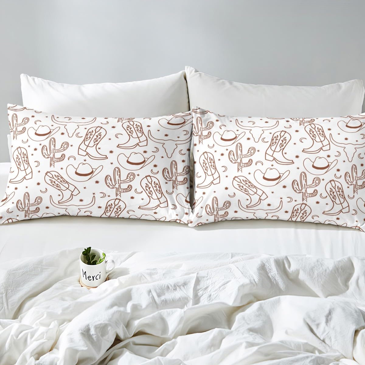 Feelyou Western Decor Sheet Set for Kids Boys Girls Wild Western Cowboy Sheets with Deep Pocket Fitted Sheet Queen Size Riding Boots Bed Sheets Set Cowboy Hat Bedding Set Cow Skull Bed Set 4Pcs
