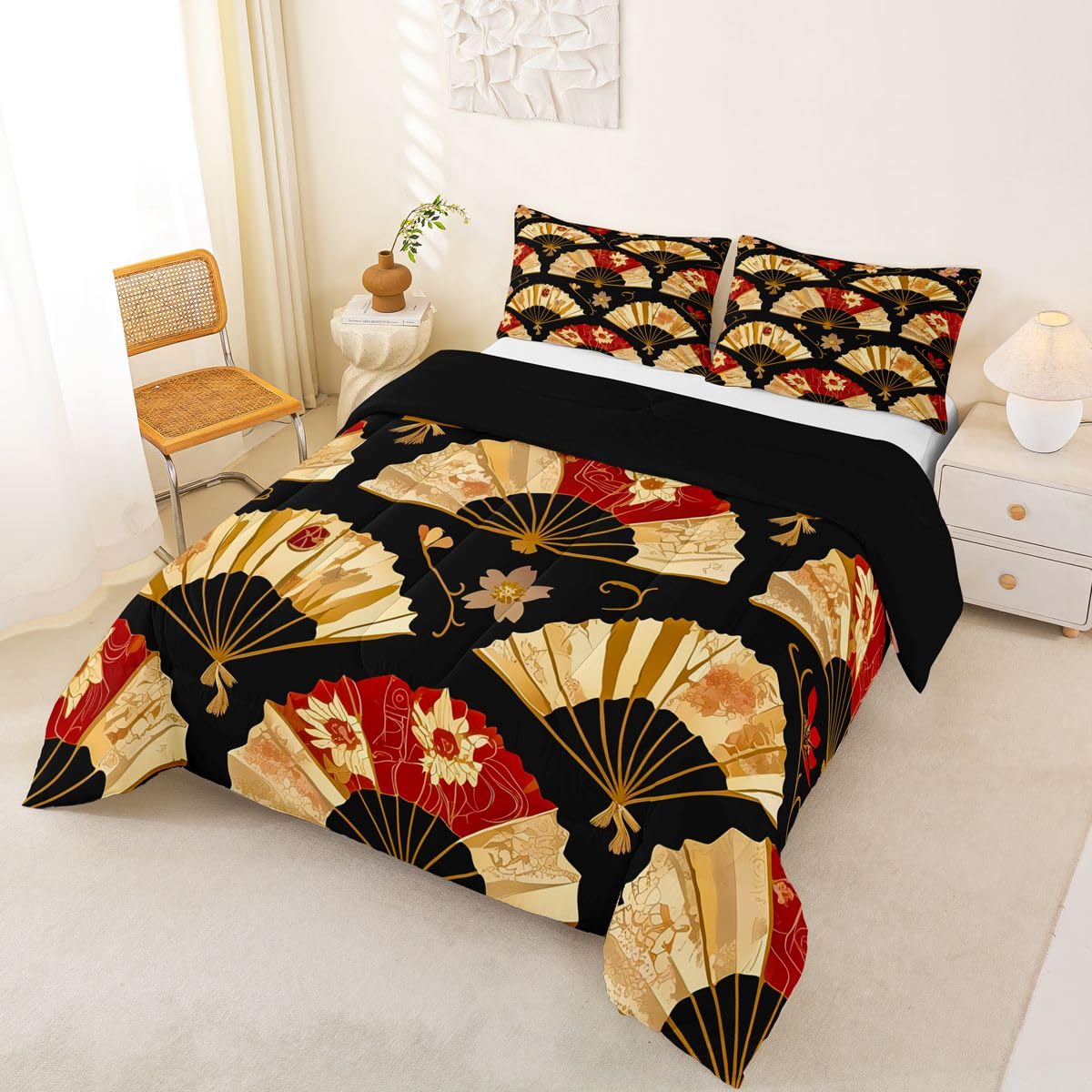 Erosebridal Japanese Folding Fans Kids Comforter Set | Japanese Style Bedding Full Size Cherry Blossoms Down Comforter Gold Fan with Floral Pattern Duvet Set for Bedroom