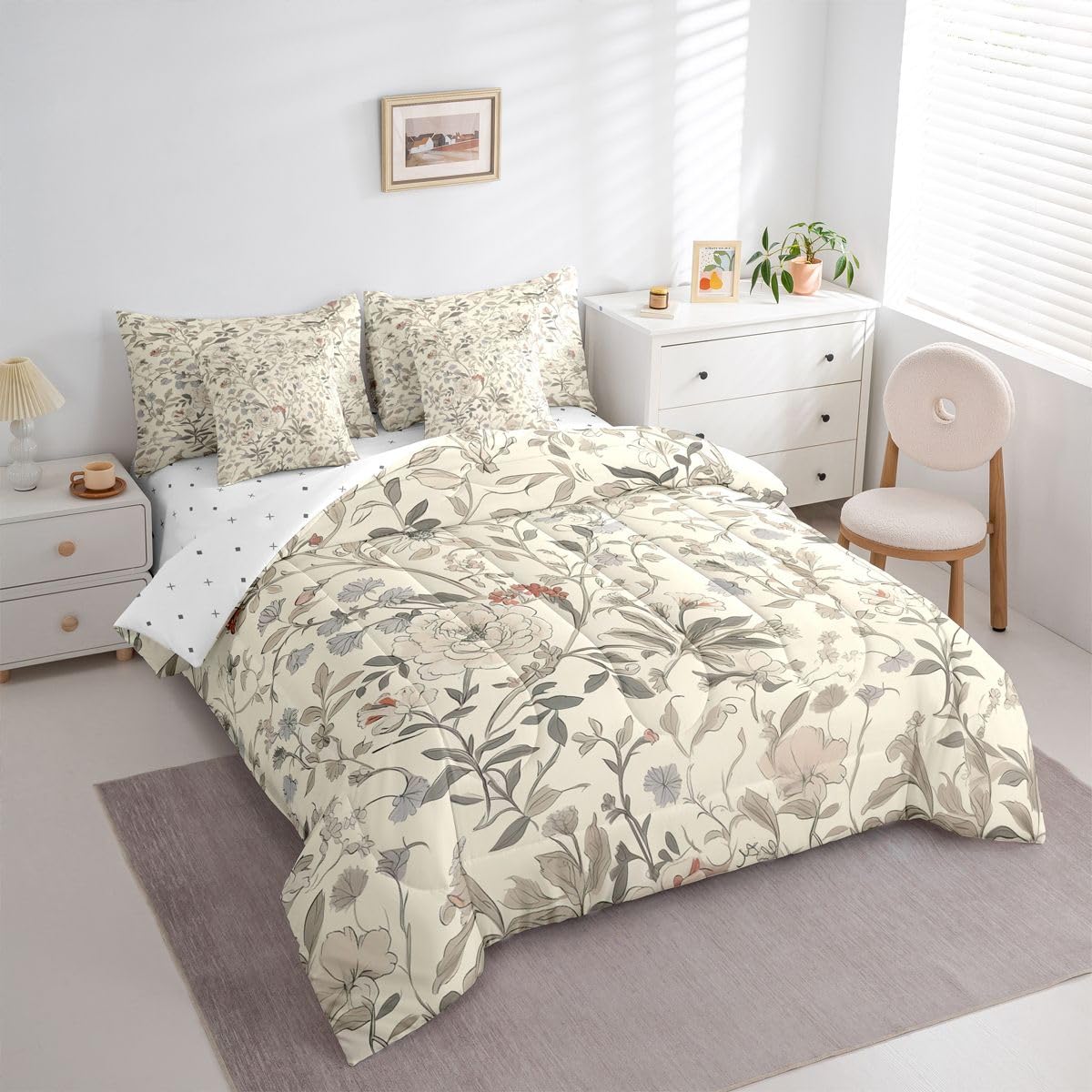 Erosebridal Floral Comforter Set Groovy Flower Bed in A Bag Queen Size 7 Pieces Oriental Blooming Bed Set Room Decor Natural Garden Botanical Bedding with Sheets