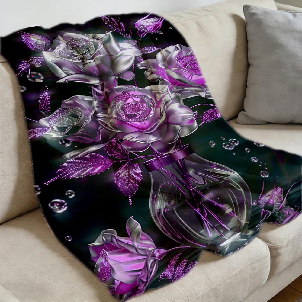 ZHOUSHUTONG Purple Silver Rose Floral Flannel Throw Blanket, Soft Cozy Warm Plush Blankets for Couch Bed Sofa, Elegant Flower Print Decorative Blanket, Gift for Women Girls 49"x59"
