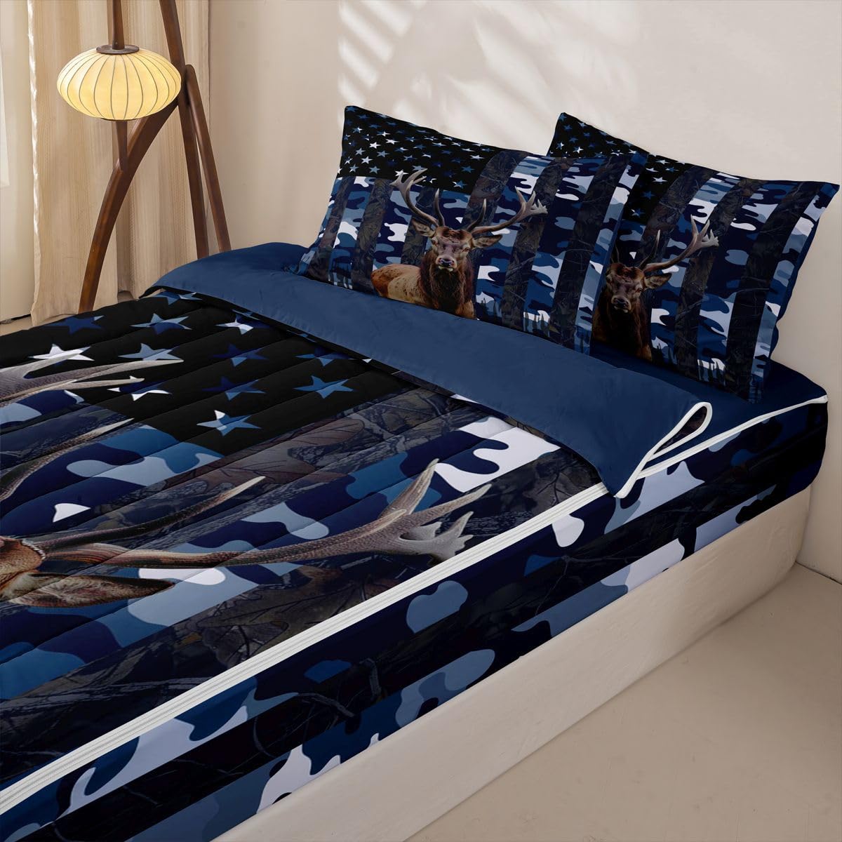 jejeloiu Deer Hunting Camo Comforter Set Twin Size Zipper Bedding Set for Girls Boys Rustic Western Deer Comforter with Fitted Sheet, Pillowcases American Flag Zipper Bedding Soft Breathable