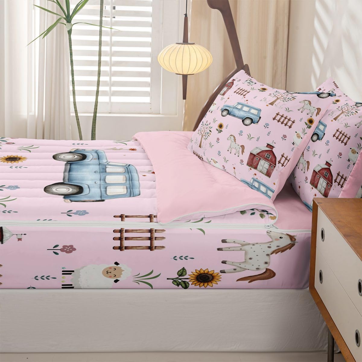 Erosebridal Farm Animal Kids Zipper Bedding Set Twin Cartoon Tractor Zip Up Comforter Set with Sheets Rustic Barn Door Bed in a Bag Farmhouse Horse Sheep Cow Cartoon Animals Sunflower Floral Bed Sets