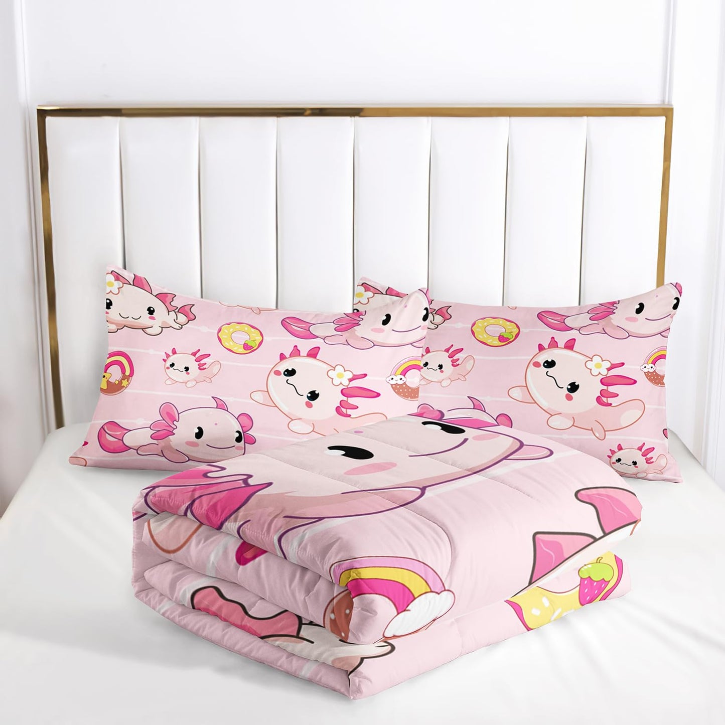 AILONEN Kawaii Axolotl Comforter Set Queen Size, Pink Axolotl with Doughnut Theme Bed in a Bag, 1 Quilt 2 Pillowcases, 3 PCS