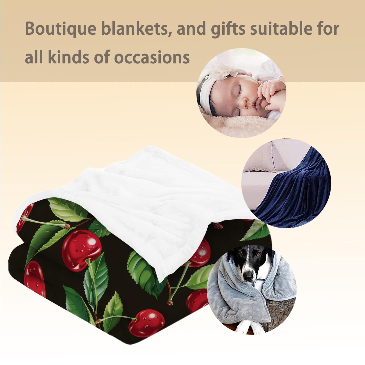 Ti Caldi Cherry Blanket - Ultra Soft, Fluffy, Lightweight Fruit Flannel Throw Blankets for Couch, Bed, Travel, Outdoor - Cozy, Fuzzy Home Decor, for Adults Kids Women Boys Girls 60×50 in