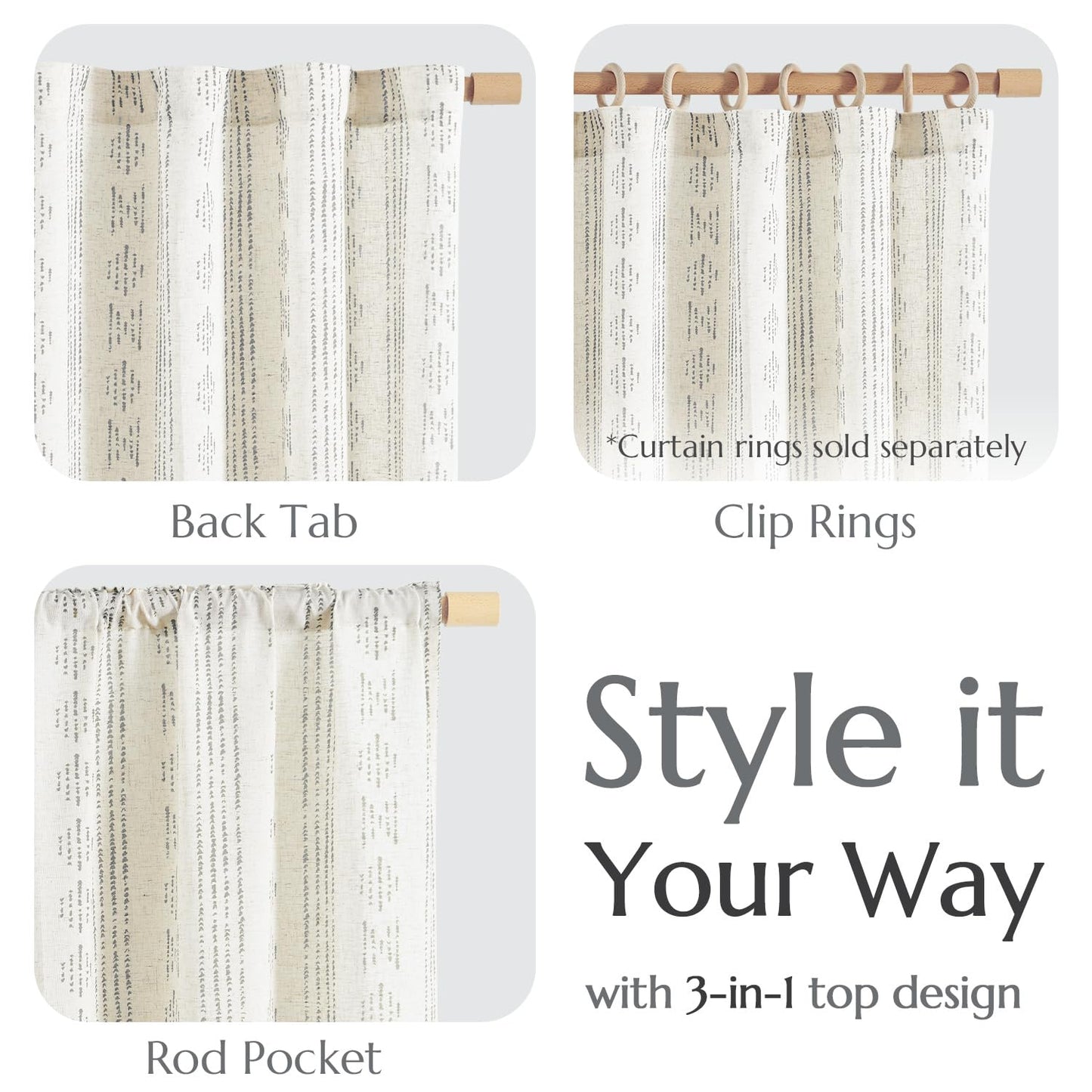jinchan Boho Curtains Linen Blend Drapes for Bedroom Farmhouse Grey Curtains 84 Inches Long 2 Panels for Living Room Geometric Striped Window Window Treatment Set Rod Pocket Grey on Beige