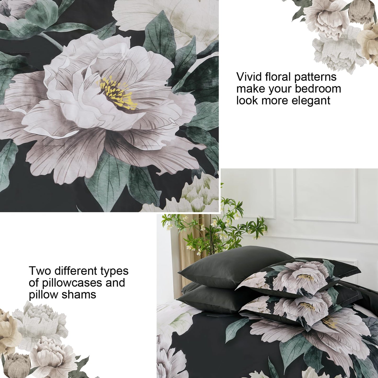 Dobuyly Black Comforter Set Queen 7 Piece Bed in a Bag, Floral Comforter Set with Sheets, Soft Microfiber Botanical Flower Bedding Set for All Season