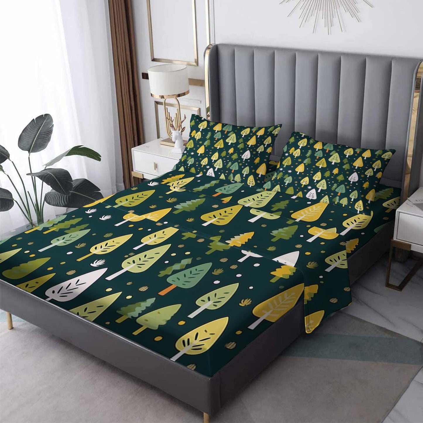 Forest Sheets Queen Size, Pine Tree Bed Sheets, Patterned Bedding Sheets & Pillowcases 4 Piece Set - Soft Microfiber Deep Pocket Fitted Sheet & Flat Sheet & 2 Pillow Cases M2-&-91