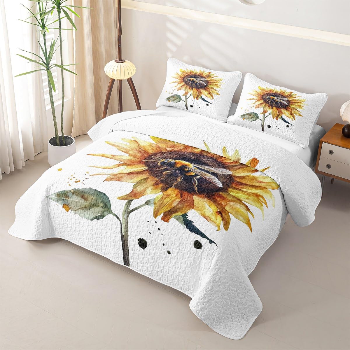 Erosebridal Sunflower Quilt Set Queen Watercolor Sunflower Bedding Coverlet Garden Fresh Style Bedspread with 2 Pillowcases All Season Girl Women Soft Bed Lightweight Comforter
