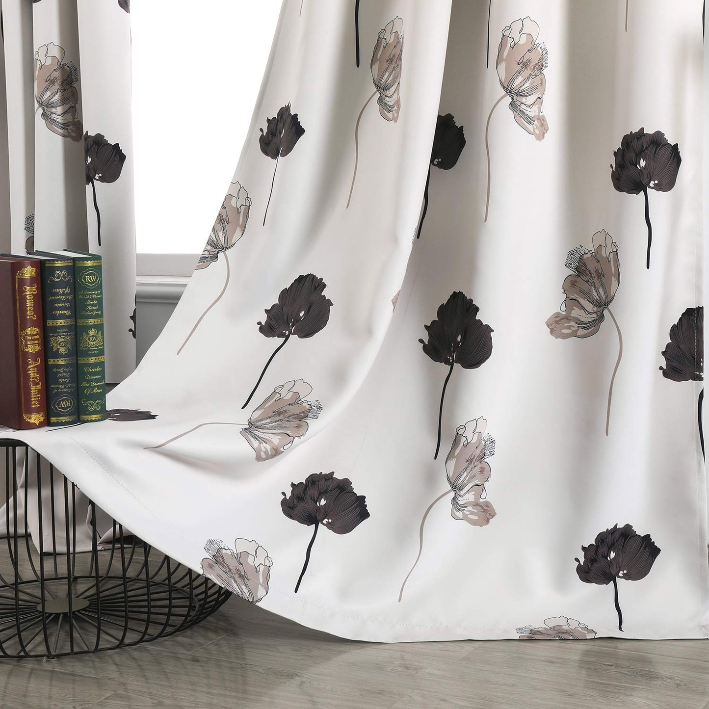 Taisier Home Floral Print Thermal Insulated Bedroom Heat Absorbing Room Darkening Energy Efficient Savings Living Room Window Curtain Grommet Panels, Set of 2, 52 W x 95 L, Black/Grey/Brown