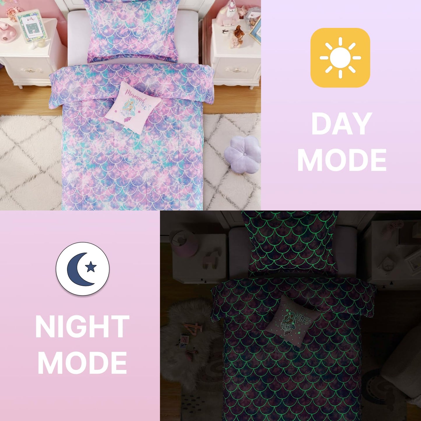 Wink Deer Twin Comforter Set for Girls-3 Pieces Mermaid Glow in the Dark Twin Bedding Sets for Kids,1 Comforter,1 Sham and 1 Decor Pillow