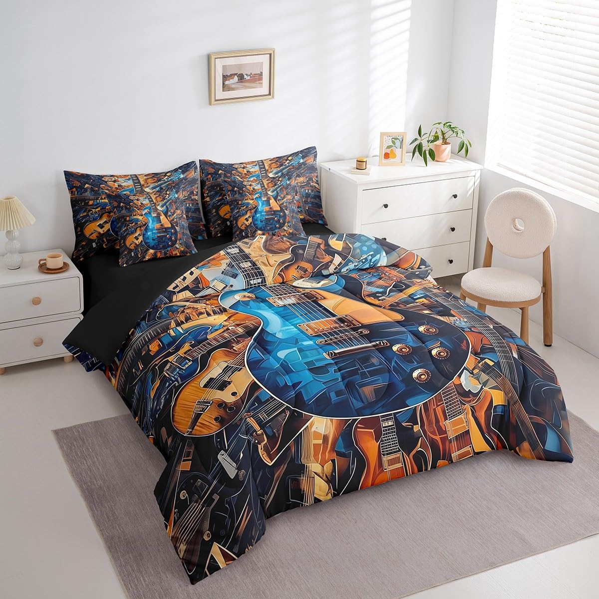 Feelyou Guitar Comforter Set with Sheets Queen Size Rock Music Bed in a Bag for Boys Girls Teens Blue Brown 7 Pieces Bedding Set Soft Lightweight Microfiber