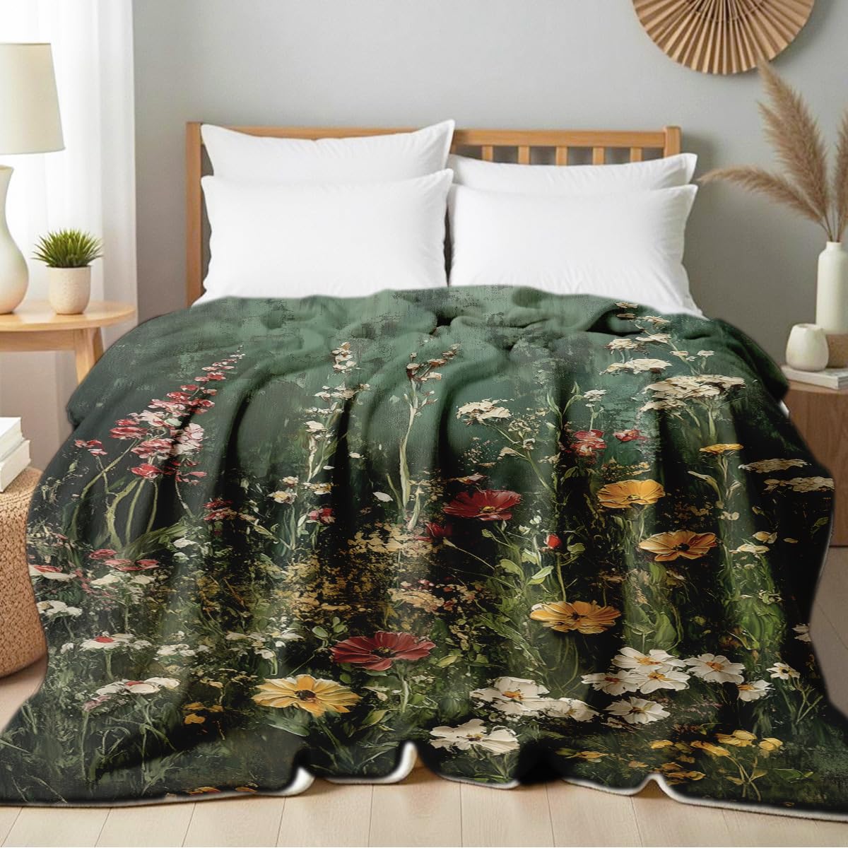 HUNXIAOJ Wildflower Print Blanket Flower Throw Blanket for Couch Bed Chair Soft Green Floral Flannel Throw Wildflower Decor Gifts (49"x59")
