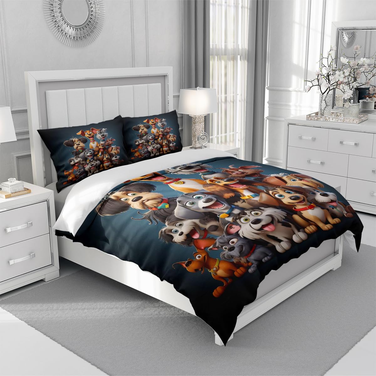 YIXINZHUANJIN King Size Duvet Cover Dogs Bedding Sets Cute Kids Comforter Cover Sets for Boys Girls Animals Beding Cover Set,Includ 1 Duvet Cover and 2 Pillow Shams