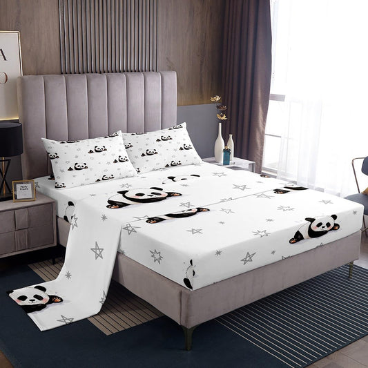 Feelyou Cartton Panda Sheet Set Kids Cute Animal Sheets with Deep Pocket Fitted Sheet for Boys Girls Kawaii Panda Bed Sheets Set Panda Bear Printed Black White Bedding Set Quilt Cover Full
