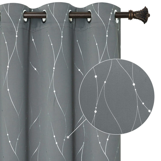 BUHUA Light Grey Blackout Curtains with Wave Line and Dots Printed Grommet Top Drapes Thermal Insulated Blackout Window Curtain for Bedroom Living Room 38W×45L Inch Lenght 2 Panels