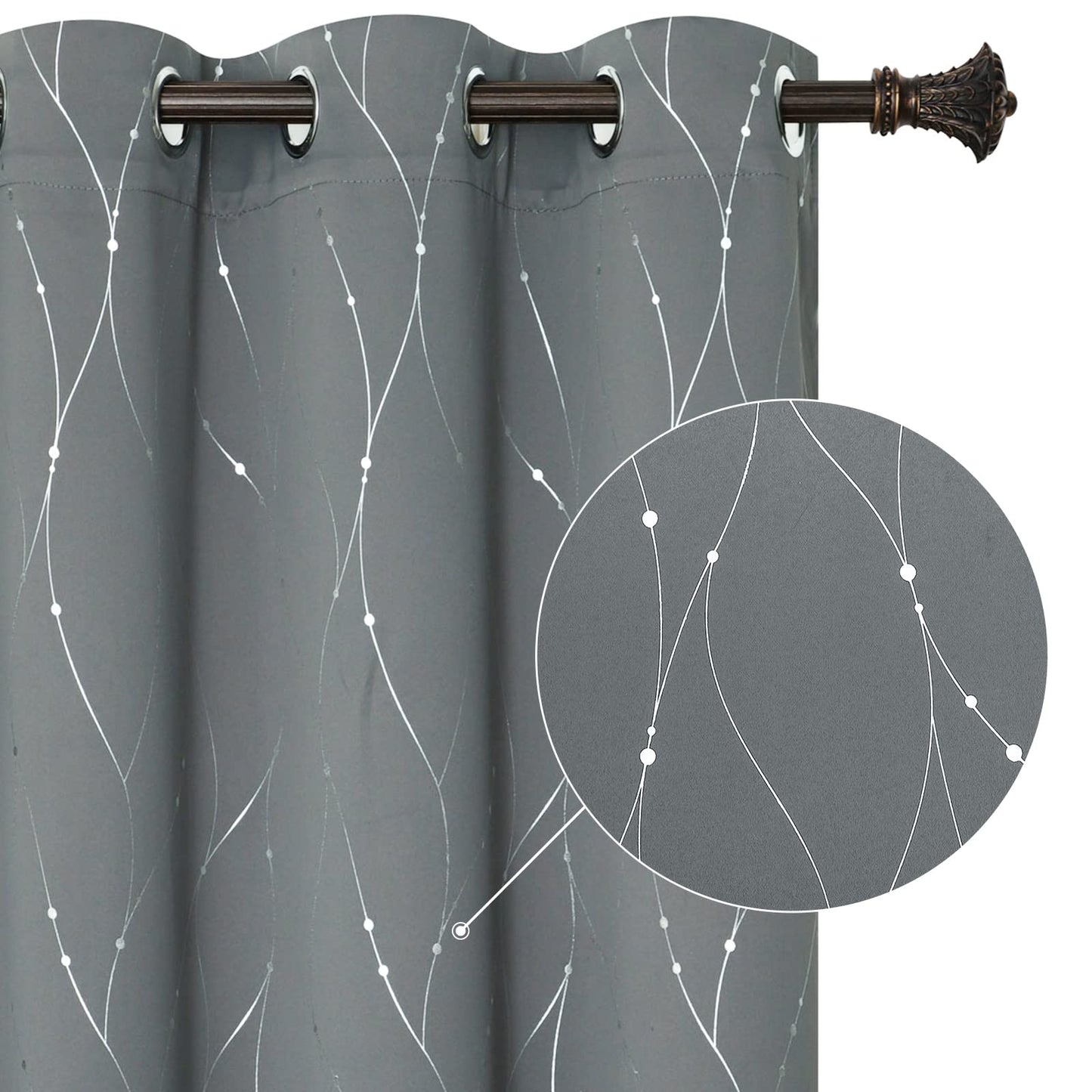 BUHUA Blackout Curtains for Bedroom 2 Panels Set, Grommet Thermal Insulated Room Darkening Window Curtains & Drapes with Wave Line and Dots Printed for Living Room, 38W x 84L Inch, Light Grey