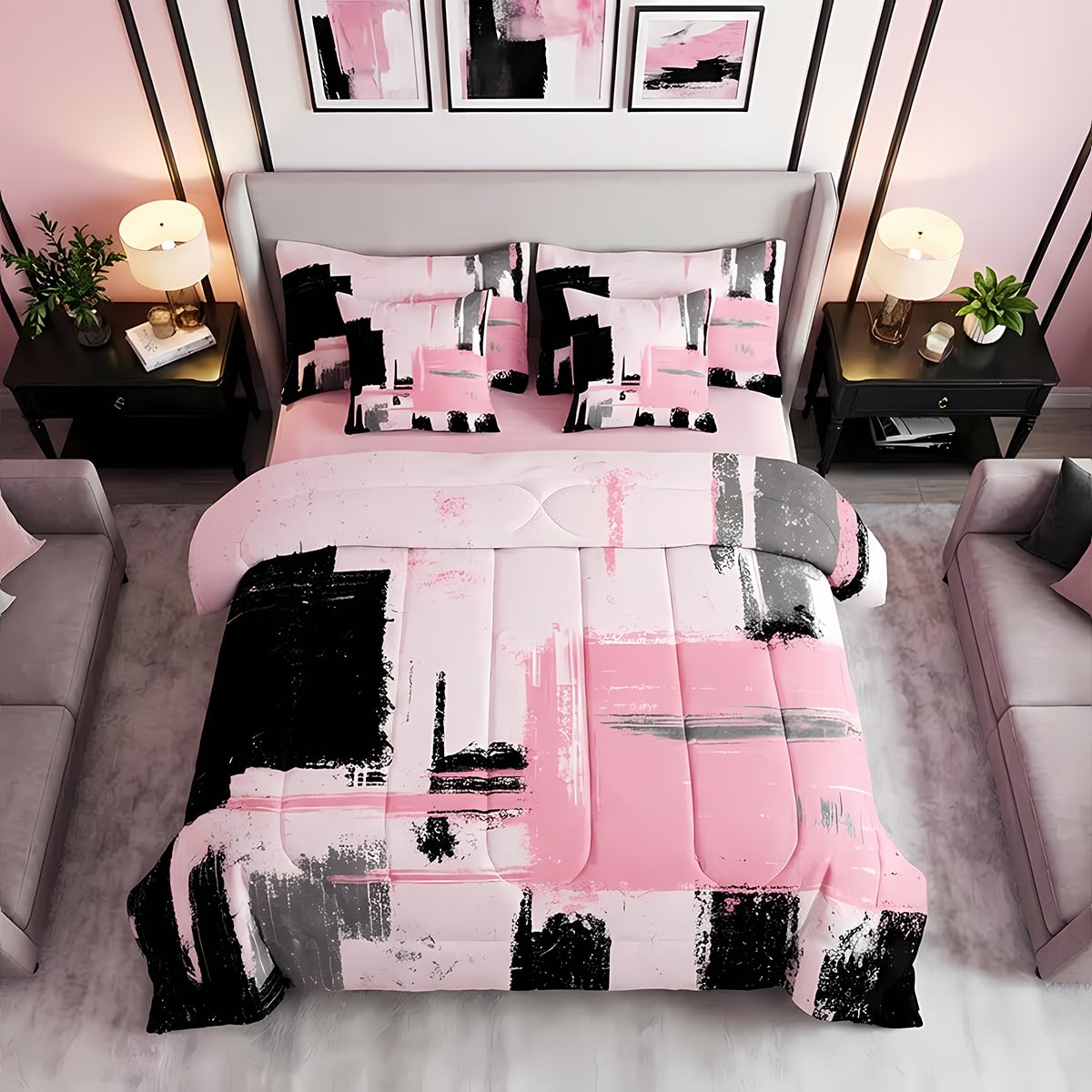 Feelyou Abstract Bed Set Includes Comforter, Sheet Set, Pillowcases & Pillow Covers Modern Abstract Art 7 Piece Bedding Set Children Pink Black Pattern Bedding Set Queen Size