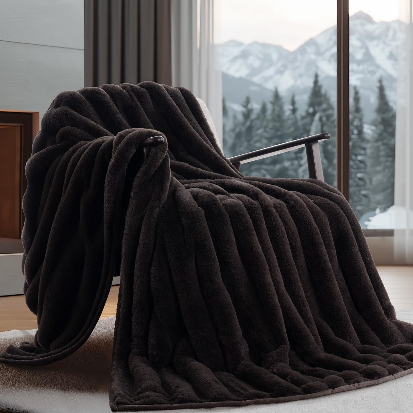 EverGrace Soft Luxury Faux Rabbit Fur Throw Blanket for Couch, Cozy Fluffy Channel Throw Blanket for Bed, Fuzzy Warm Thick Mink Blanket with Reversible Velvet for Winter, Chocolate, 50"x60", 820GSM