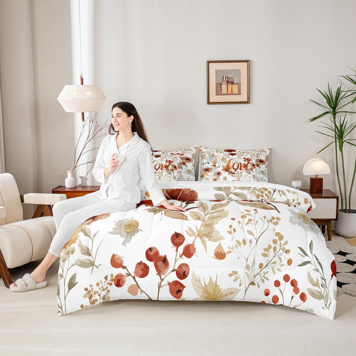jejeloiu Fall Harvest Comforter Set Twin Size 7 Pieces Autumn Harvest Theme Bedding Set Autumn Leaves Bed in a Bag with Comforter, Sheets, Pillowcases, Cushion Covers Bedroom Decor