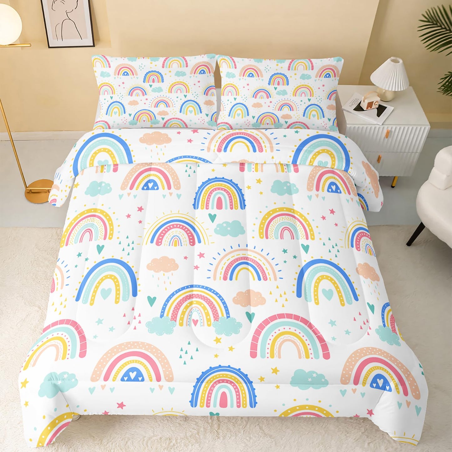 QOOMO 3Pcs Rainbow Comforter Set Twin,Cloud and Star Bedding Set for Teens Boys Girls,Colorful Printed Comforter with 2 Pillowcases,Down Alternative,Soft and Lightweight