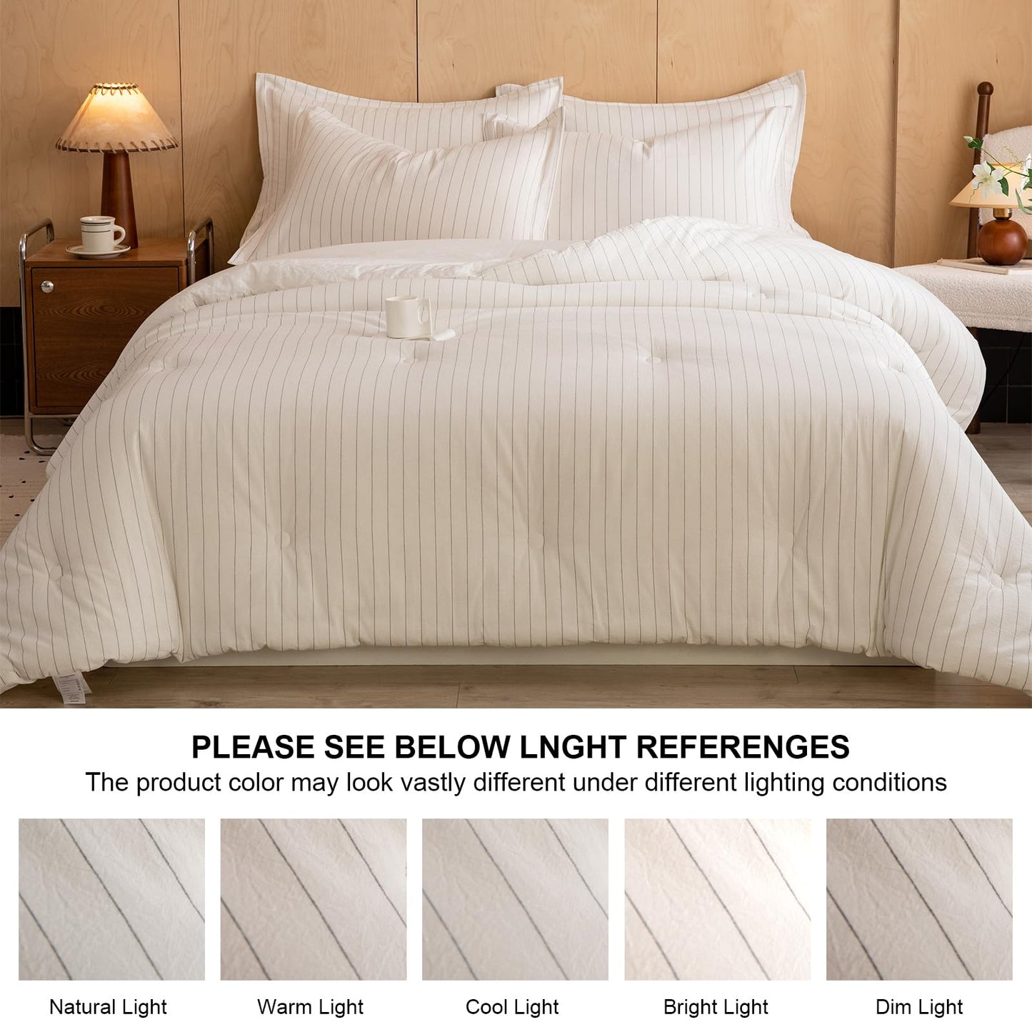 LLanCL Cotton Stripe Comforter Set Queen Size,100% Cotton Cover with Polyester Fill,Ultra Soft,Breathable,Lightweight Bedding for All Seasons,1 Comforter 90"x90" & 2 Pillow Shams 20"x26"(White)