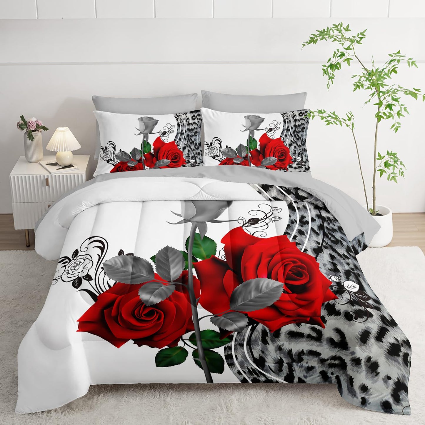 AILONEN Leopard Print Rose Comforter Set for Girls Women Couple Lover,7-Piece Red Rose and Animal Theme Bed in a Bag Full Size,Comforter & Fitted Sheet & Flat Sheet & 2 Pillowcases,Soft Microfiber