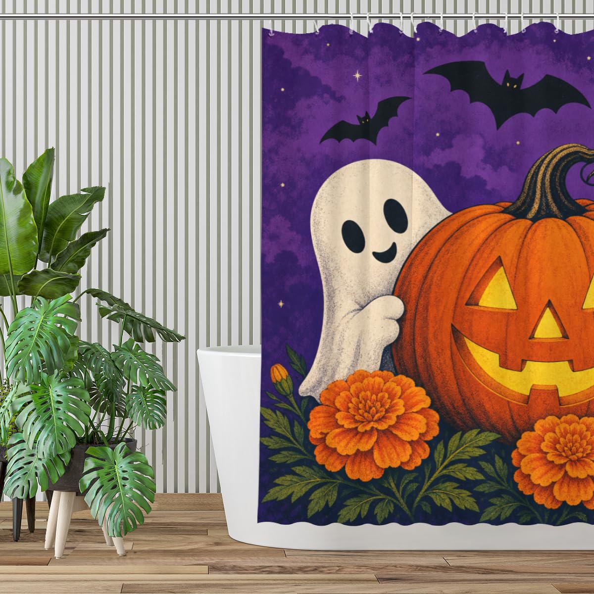 TopPacific Halloween Ghost Pumpkin Shower Curtain 72x72 Inch Shower Curtain with 12 Hooks Polyester Ghost Jack O Lantern Bats Crescent Moon Purple Background Bathroom Decor