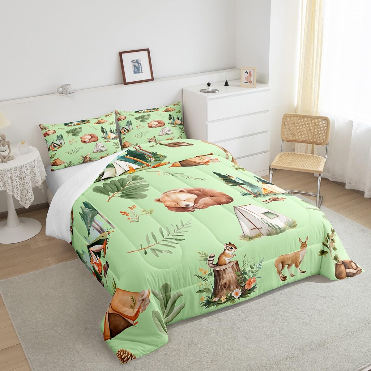 Camper Tent Comforter Set Queen Size Camping and Hunting Adventure Bedding Set,Bear Deer Squirrel Pine Tree Print Quilt Set Girls Boys Adults Room Decor,Wild Animals Plants Duvet Insert,2 Pillowcases