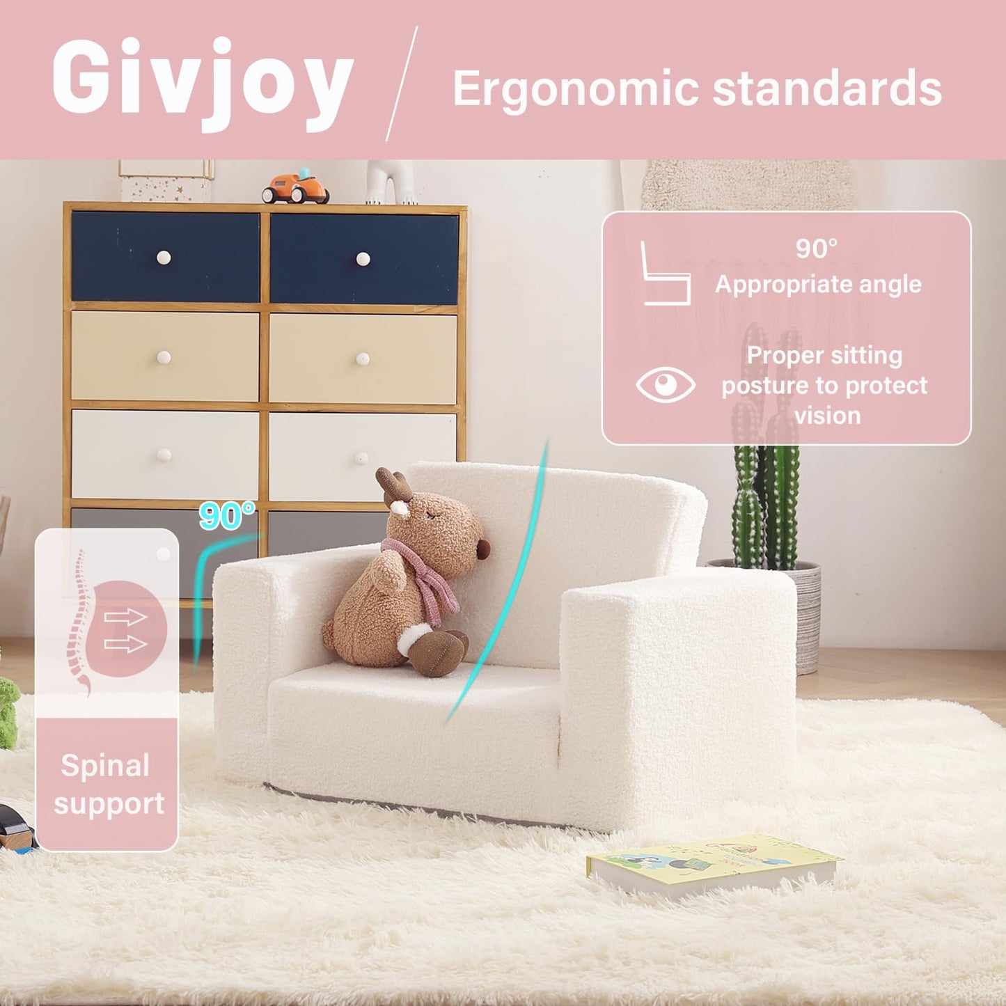 Givjoy Toddler Chair Sherpa Kids Couch, 2-in-1 Soft Kids Armchair Lounger for Bedroom, Convertible Sofa for Girls and Boys, Child Reading Chair for Playroom, Living Room, Pet, Beige
