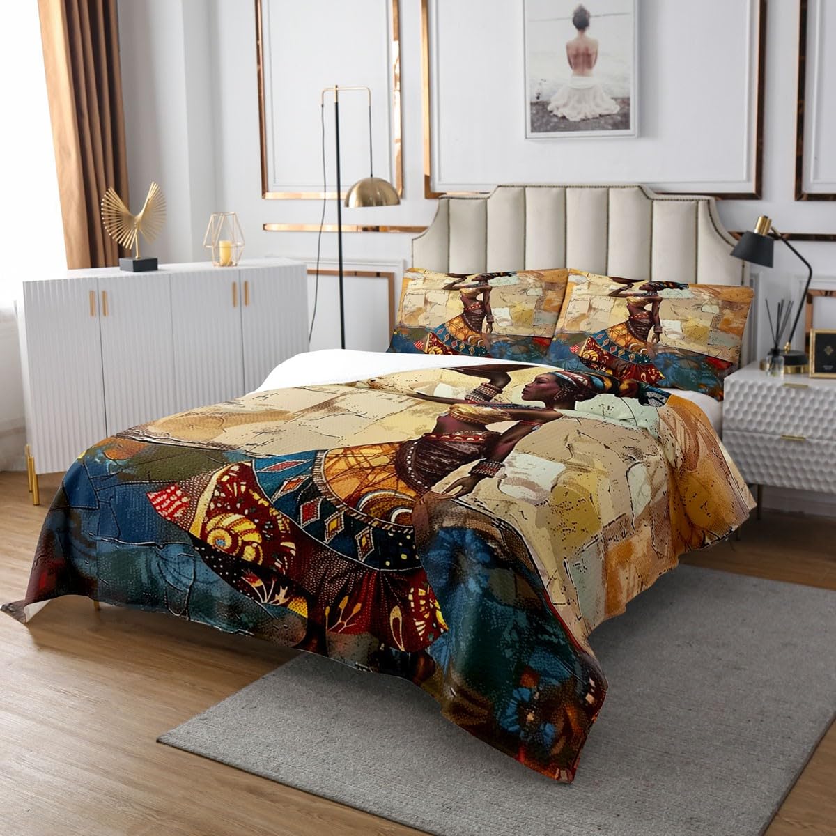 Homewish African Woman Bedding Sets King Size,Retro Graffiti Art Bedspread 3Pcs for Kids Girls Boys Adult Room Decor,Traditional Africa Quilt Comforter American Style Coverlet,2 Pillowcases