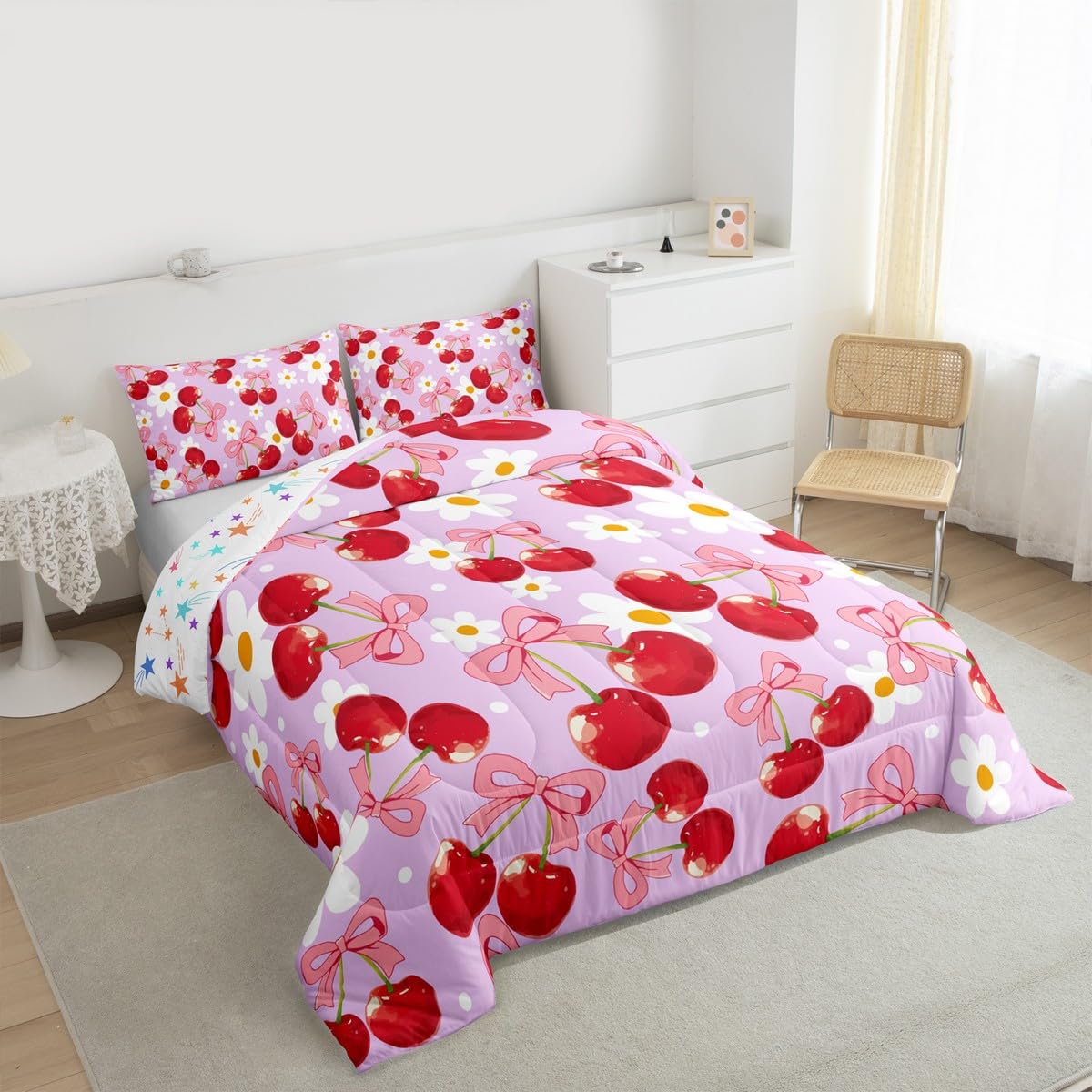 Erosebridal Red Cherry Bow Comforter Set Pink Bow Tie Full Size Bedding Sets | Daisy Flowers Rustic Comforter Dreamy Princess Style Ribbon Bowknot Bed Set,Purple