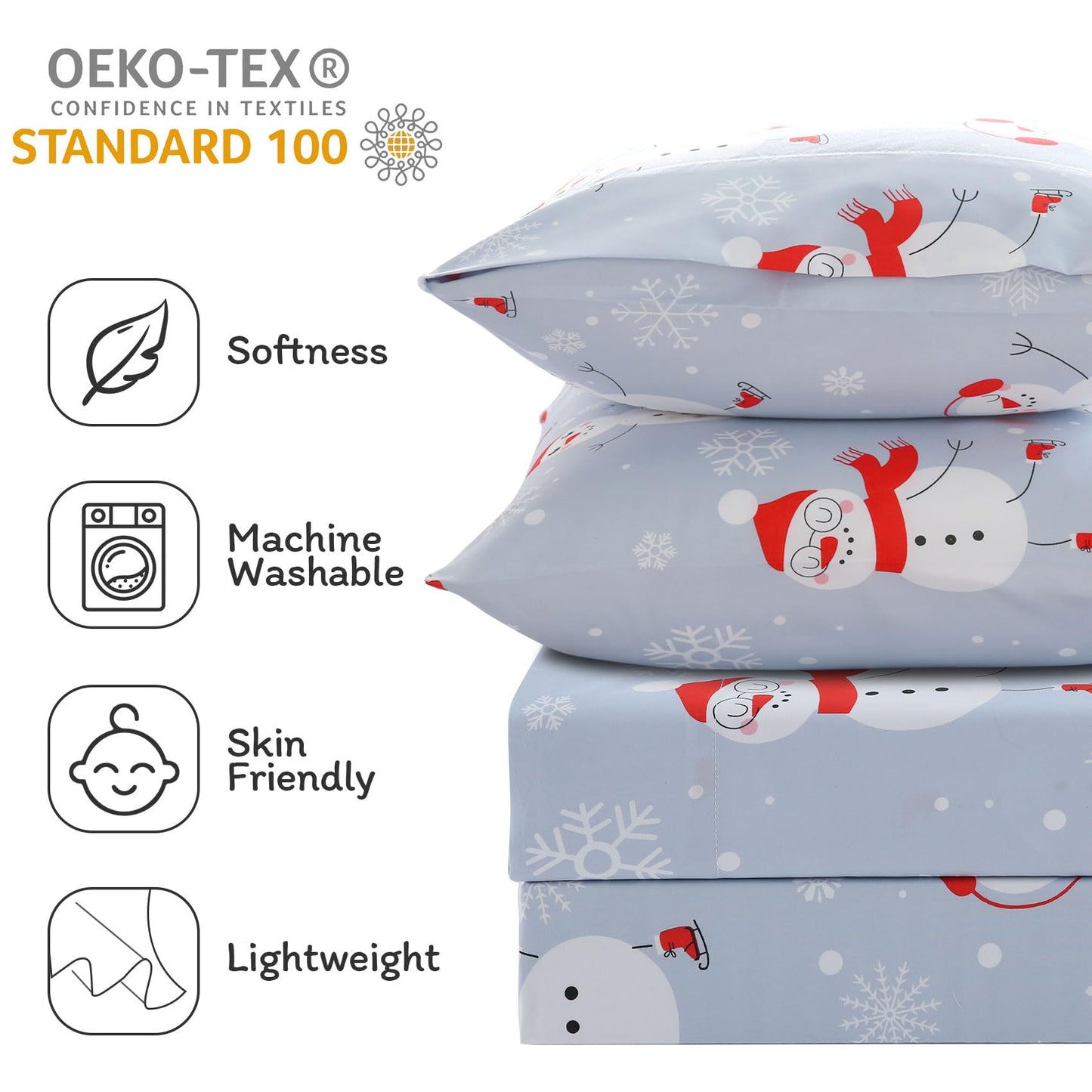 JSD Snowman Kids Sheet Set Twin Size, 3 Piece Blue Snowflakes Christmas Printed Microfiber Sheets Deep Pocket