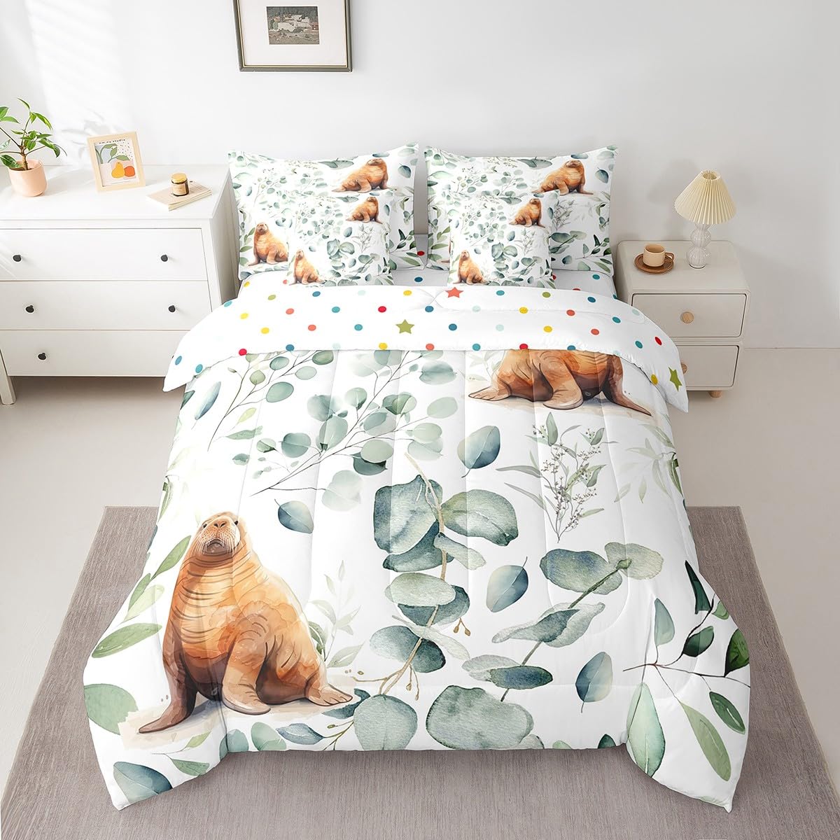 Erosebridal 7-Piece Cartoon Seal Bedding King Size Ocean Wildlife Comforter Set, Spring Plant Bedding Comforter Sets Eucalyptus Leaf Bed in a Bag, Sea Animal Theme Bedding Accessories Kids Room Decor