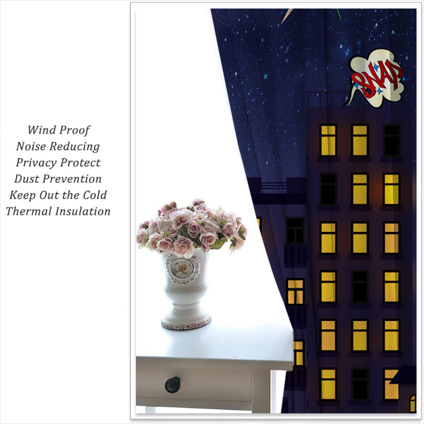 PYMATYTN Super Hero Rod Pocket Blackout Curtains for Boy Girl Bedroom, Exploding City Starry Cartoon Skyline Thermal Insulated Home Window Drapes for Living Room Darkening, 42x45 inch