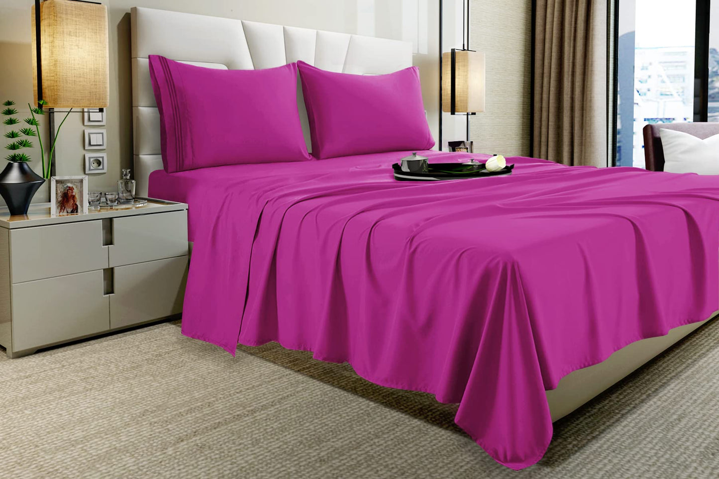 Vacco Queen Sheet Set - Luxury Hotel 1800 Series 4-Piece Bedding Sheets & Pillowcases - Ultra Soft Breathable & Cooling Bed Sheets - Deep Pocket - Wrinkle Resistant - 4 Piece Set - Queen, Hot Pink