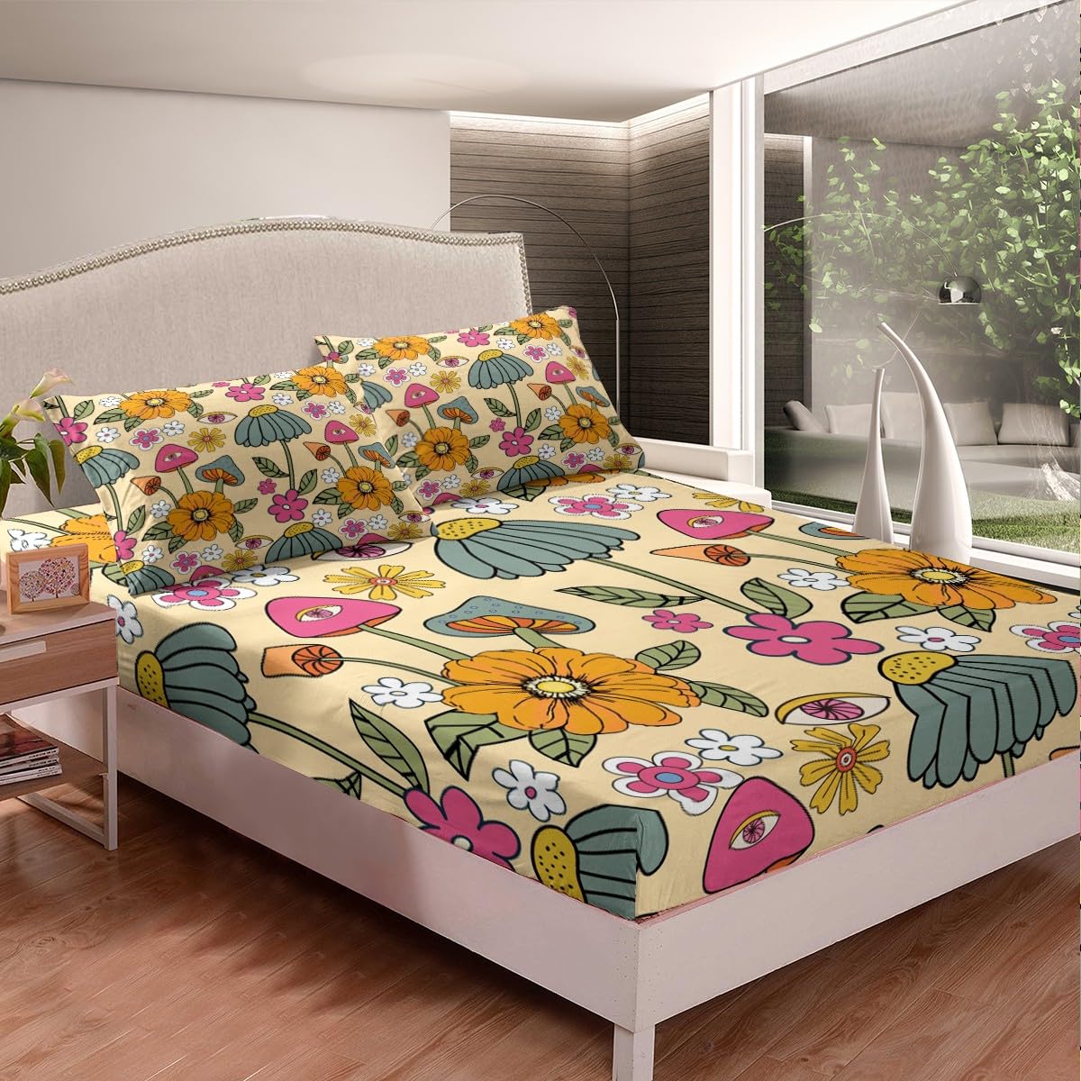 70s Retro Floral Bed Sheet Set Twin Size,Hippie Flowers Leaves Bedding Decor Set with 1 Flat & 1 Fitted Sheet Cartoon Eyes Mushroom with 1 Pillow Sham for Kids Boys Bedroom Decor