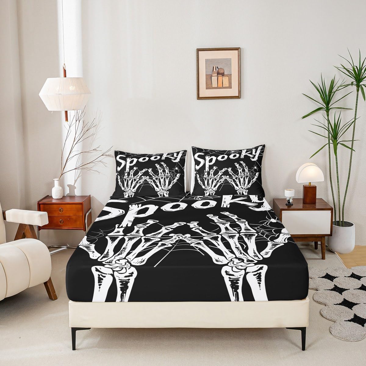 Feelyou Halloween Decor Fitted Sheet Full Size for Kids Boys Girls Skeleton Bones Bed Sheets Set 16" Deep Pocket Soft Breathable Microfiber Gothic Bedding with 2 Pillowcases Spider Web Room Decor