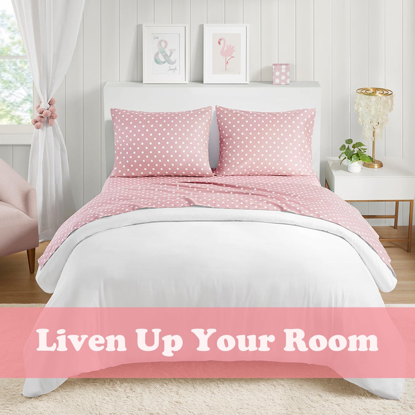 Intelligent Design Pink Queen Size Sheet Sets Kids Polka Dot Sheets for Girls 100% Cotton Percale Soft Flat and Fitted Sheet, Pillowcase, Breathable All Season Bed Set, Fits up to 14" Mattress
