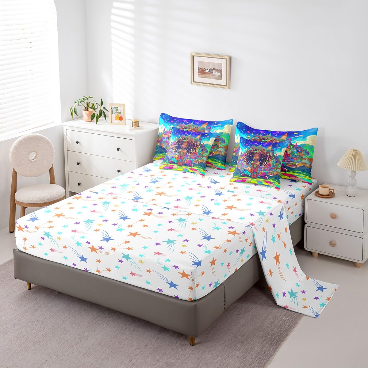 jejeloiu Kids Cute Black Girl Comforter Set 7 Pieces Full Size African American Girl Bedding Set Star Print Bed in a Bag with Comforter, Sheets, Pillowcases & Cushion Covers（No Glitter）