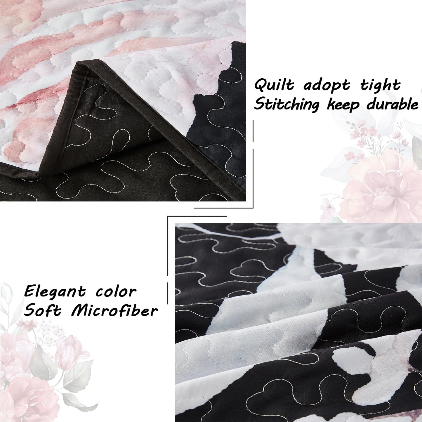 Yogeneg Full Queen Size Quilt Set, Pink Floral Botanical Pattern Black Bedding Set,3 Piece Lightweight Soft Summer Bedspread Coverlet with 2 PIillow Sham for All Season(Pink Floral,90"x96")