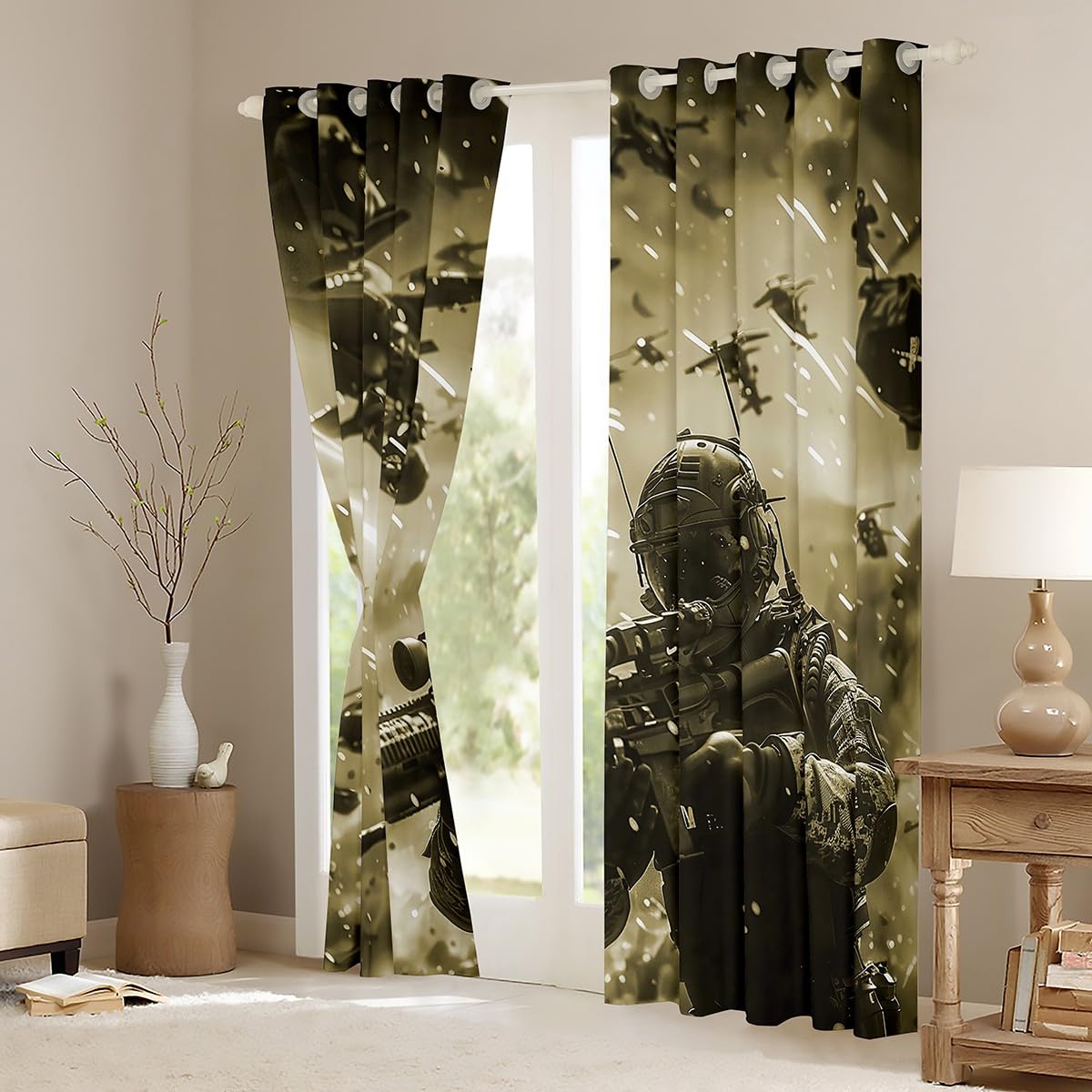 Feelyou American Soldier Curtain Boys Teens Under Mission Window Drapes Helicopter Window Curtains for Bedroom Living Room Decor Girls Kids Camouflage Military Window Treatments， 42x90 Inches，2 Panels