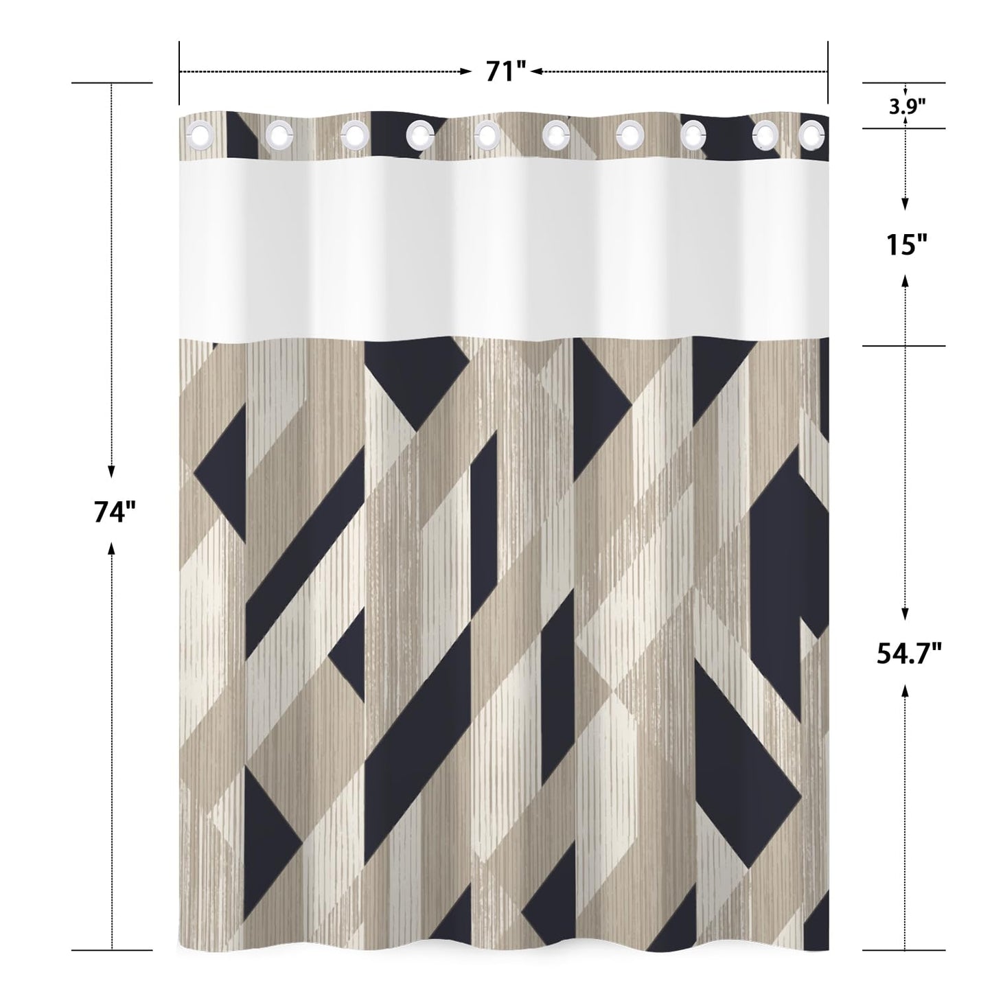 NAEMBCU No Hook Shower Curtain with Snap in Liner, Modern Black and Beige Geometric Print - Mesh Top Waterproof Double Layer Bath Tub Curtain for Contemporary Neutral Bathroom Decor, 71W x 74H