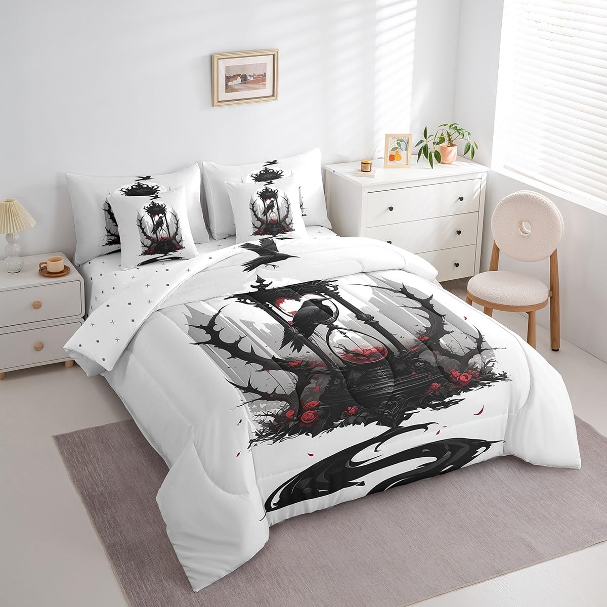 7 Pieces Twin Size Gothic Crow Comforter Set,Red Roses Flowers Hourglass Halloween Bedding Set for Boys Girls,Bird Animal Rustic (Comforter+Fitted+Flat Sheet+2 Pillowcases+2 Throw Pillow Covers)