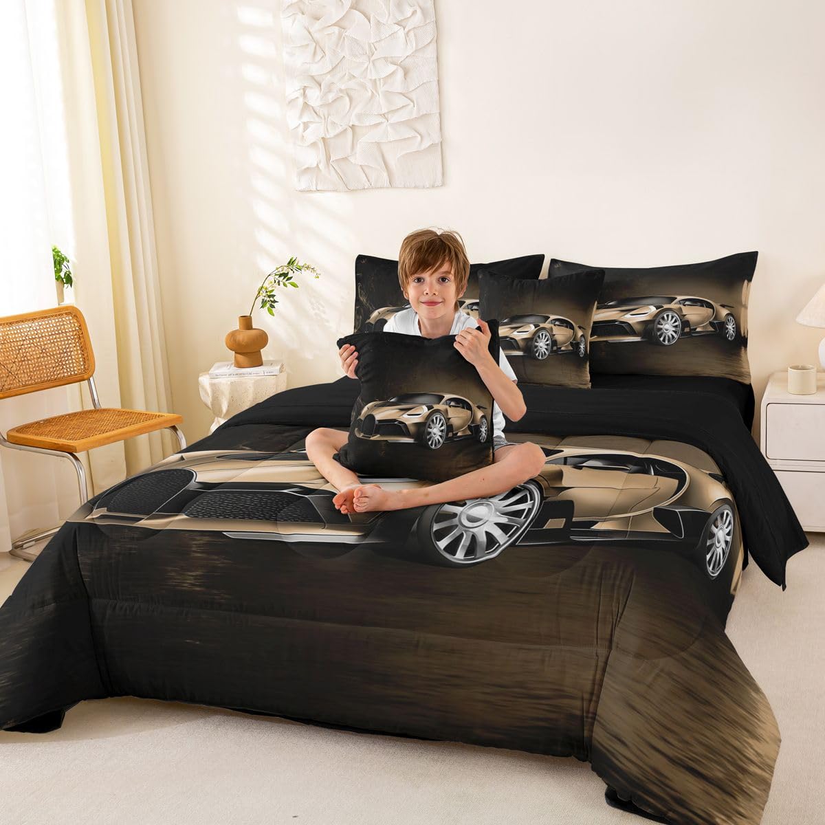Feelyou Sports Car 7 Piece Bedding Set Brown Race Car Comforter Set with Sheets for Kids Boys Girls Extreme Sports Bed in a Bag Cool Speed Luxury Car Decor Quilt with 2 Pillowcases Full