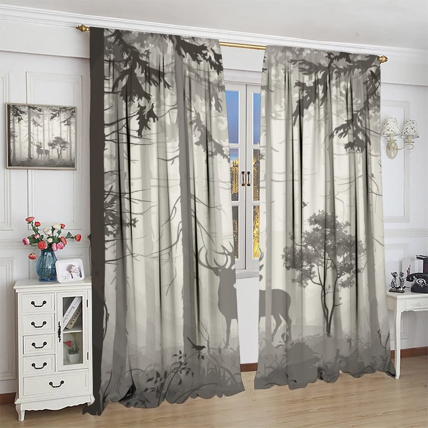 Deer Blackout Curtain,Grey Misty Forest Rustic Wildlife Moose Mountain Elk Pine Forest Silhouette Window Curtains for Living Room Office Decor Window Drapes,2 Panels W42 xL45