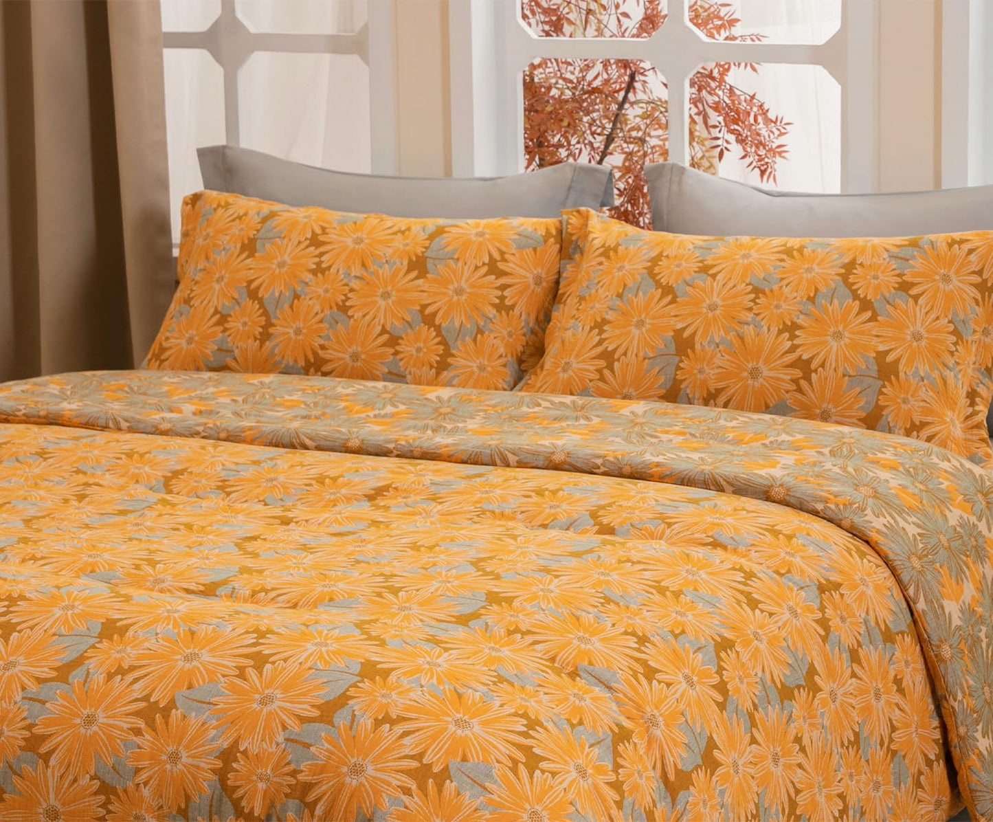 SLEEPBELLA Washed Double Layer Muslin 100% Cotton Comforter Set Queen Size, Yellow & Blue Sunflower Pattern Fluffy Thick Checked Bedding Set, Soft Breathable (1 Comforter, 2 Pillow Shams)