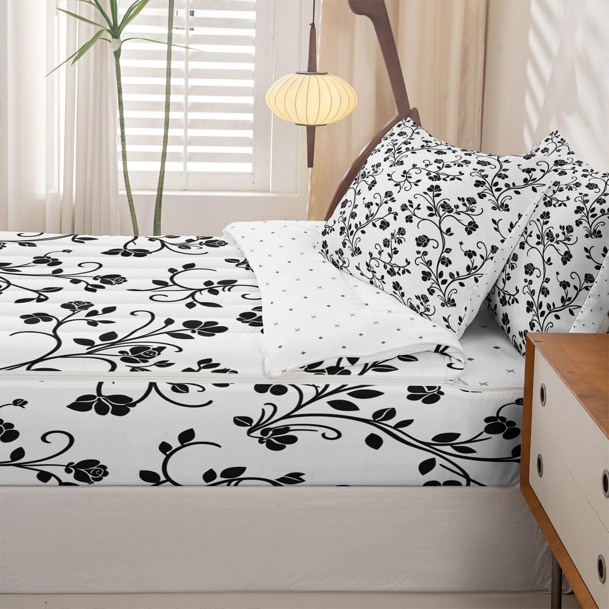 jejeloiu Retro Black White Rose Comforter Set Queen Size Zipper Bedding Set for Girls Boys Floral Comforter with Fitted Sheet, Pillowcases Botanical Flowers Zipper Bedding Soft Breathable Bed in a Bag